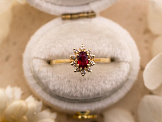 Vintage Ruby and diamond ring 14k solid gold statement or engagement ring, genuine antique vintage oval cut halo ring size 5.25