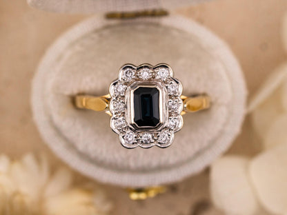 Vintage sapphire and diamond halo ring 14k solid gold, size 7.25