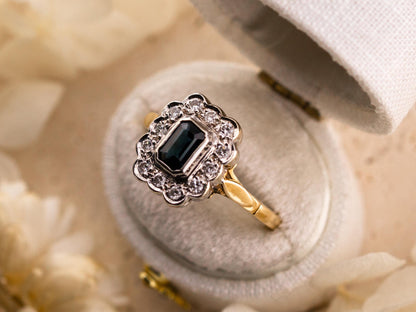 Vintage sapphire and diamond halo ring 14k solid gold, size 7.25