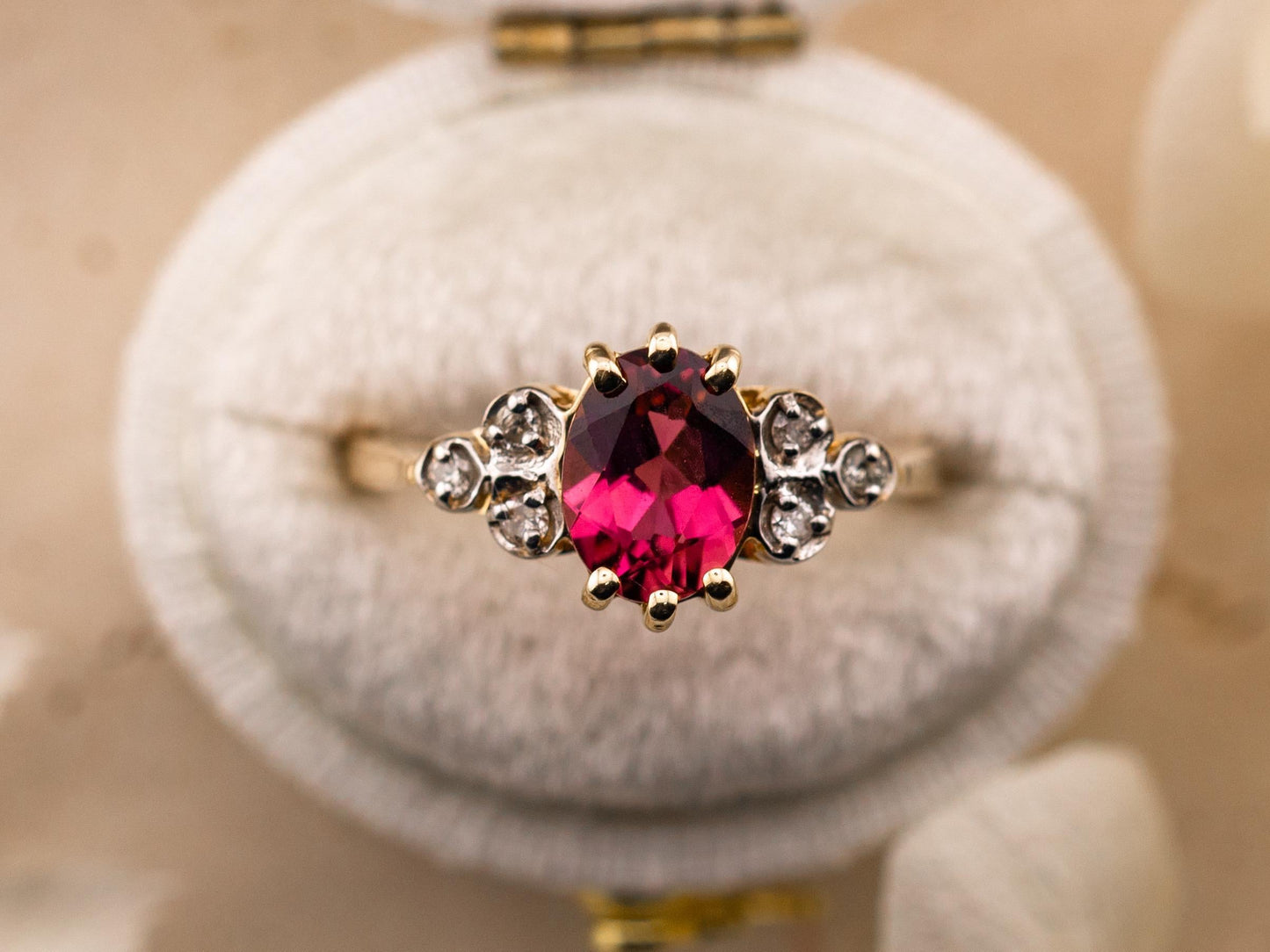 Vintage rhodolite garnet ring art deco ring 10k solid yellow gold oval cut with diamond accents, Size 6.25