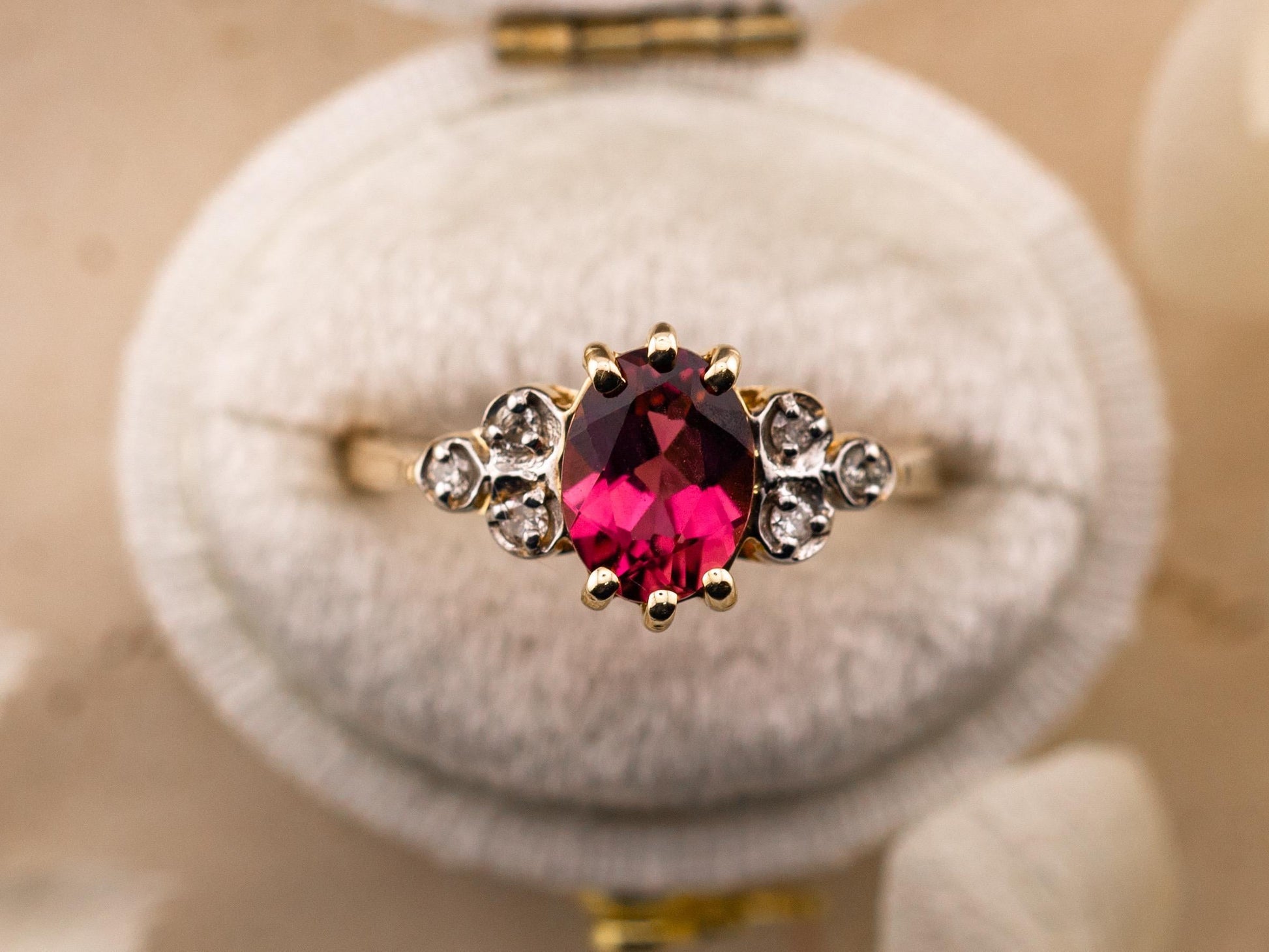 Vintage rhodolite garnet ring art deco ring 10k solid yellow gold oval cut with diamond accents, Size 6.25