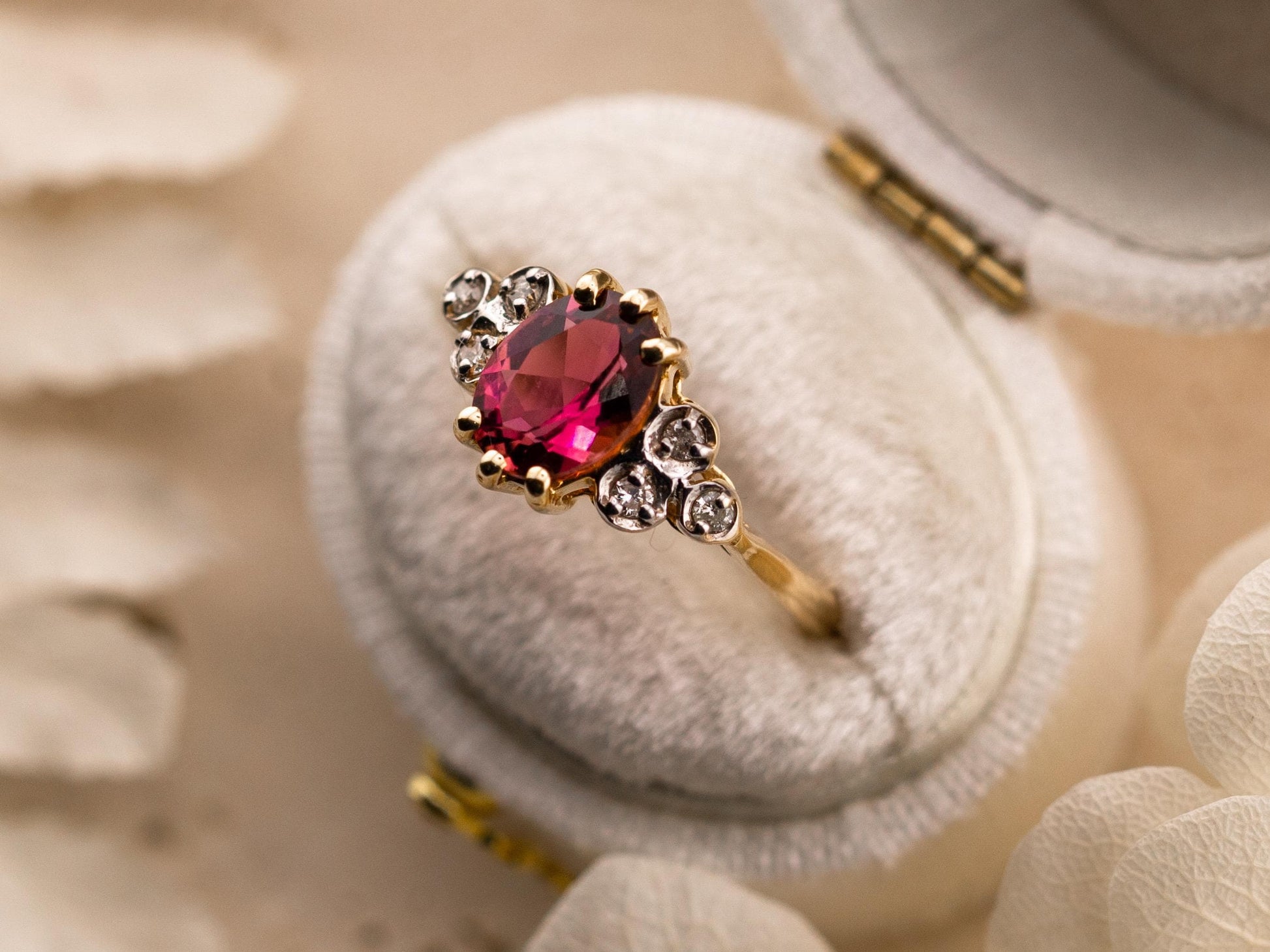 Vintage rhodolite garnet ring art deco ring 10k solid yellow gold oval cut with diamond accents, Size 6.25