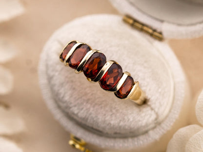Vintage Garnet Ring five stone garnet ring 10k Solid Gold Ring January Birthstone ring, size 8