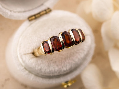 Vintage Garnet Ring five stone garnet ring 10k Solid Gold Ring January Birthstone ring, size 8