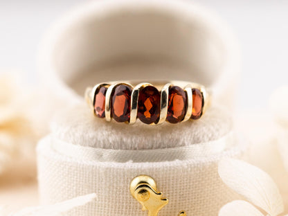 Vintage Garnet Ring five stone garnet ring 10k Solid Gold Ring January Birthstone ring, size 8