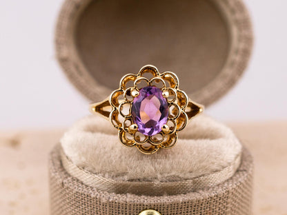 Vintage amethyst ring filigree ring 10k solid yellow gold ring oval cut amethyst, Size 6.25