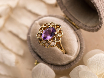 Vintage amethyst ring filigree ring 10k solid yellow gold ring oval cut amethyst, Size 6.25