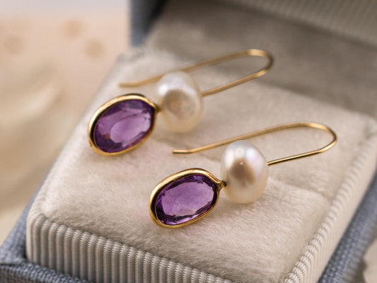 Amethyst and pearl earrings bezel set pear dangle earrings 14k solid yellow gold February birthstone earrings