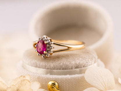 Vintage ruby ring oval cut halo ring 10k solid yellow gold ring vintage pink ring split shank ring, size 7
