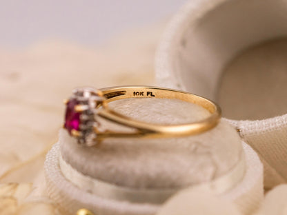 Vintage ruby ring oval cut halo ring 10k solid yellow gold ring vintage pink ring split shank ring, size 7