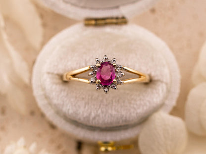 Vintage ruby ring oval cut halo ring 10k solid yellow gold ring vintage pink ring split shank ring, size 7