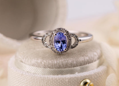 Tanzanite and diamond ring oval cut tanzanite with halo 10k solid white gold, size 7