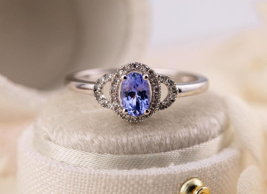 Tanzanite and diamond ring oval cut tanzanite with halo 10k solid white gold, size 7