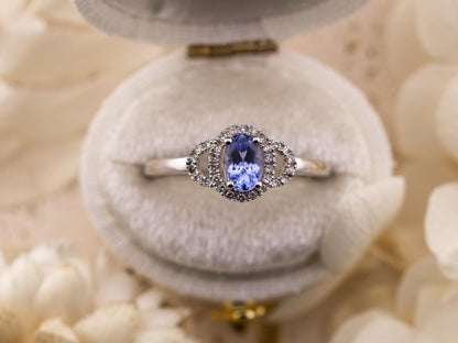 Tanzanite and diamond ring oval cut tanzanite with halo 10k solid white gold, size 7