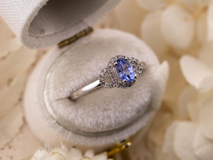 Tanzanite and diamond ring oval cut tanzanite with halo 10k solid white gold, size 7