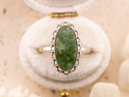 Vintage jade ring oval cut jade 10k solid white gold statement ring bezel set filigree detail genuine antique ring, Size 7