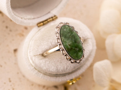Vintage jade ring oval cut jade 10k solid white gold statement ring bezel set filigree detail genuine antique ring, Size 7