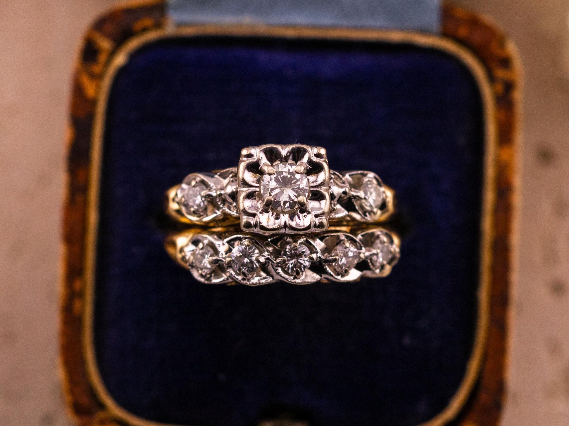 Vintage bridal set engagement ring and wedding band set 14k solid gold old European cut engagement ring antique wedding rings, size 5.5
