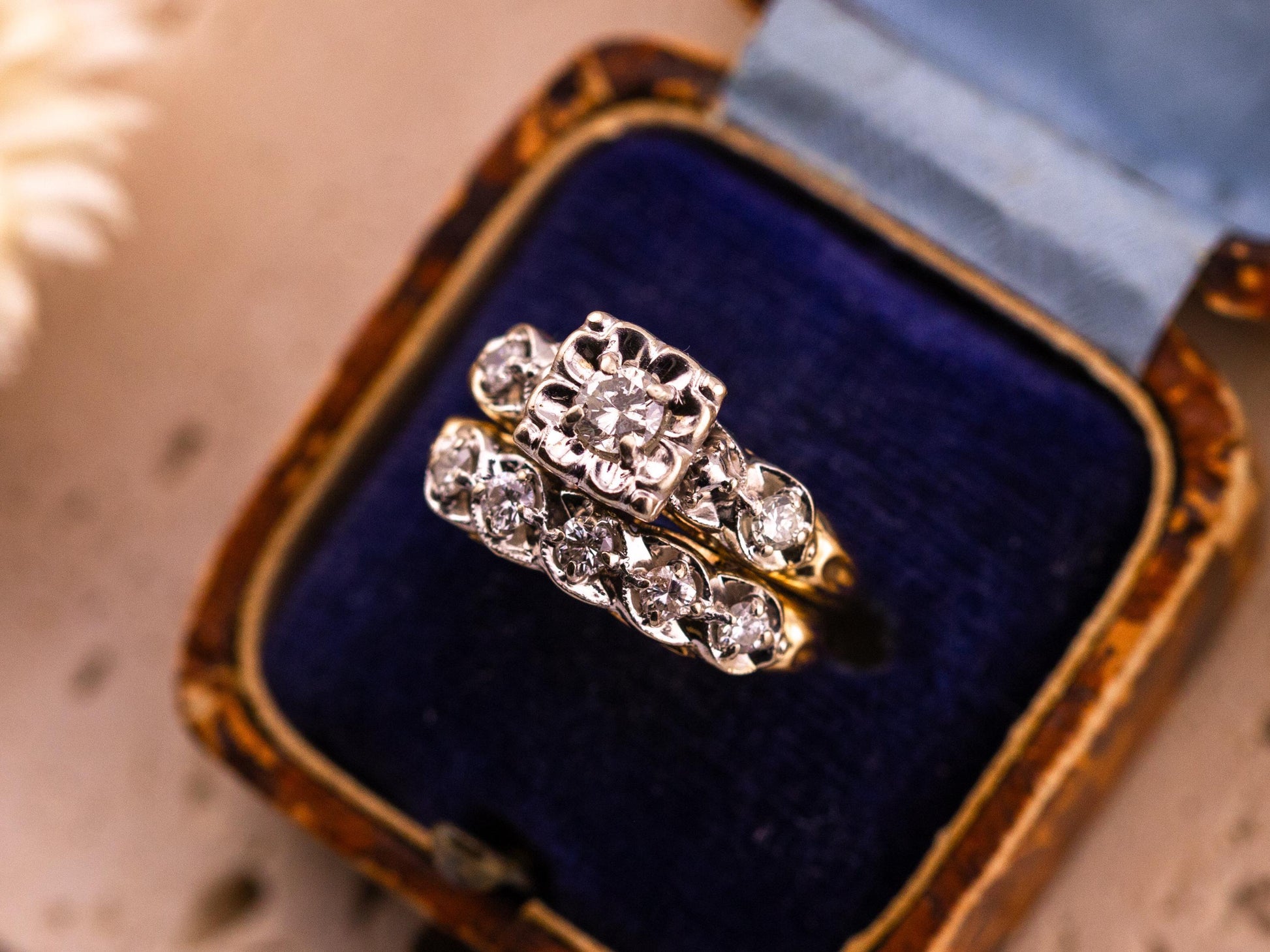 Vintage bridal set engagement ring and wedding band set 14k solid gold old European cut engagement ring antique wedding rings, size 5.5