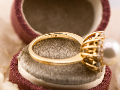 Vintage pearl and diamond ring 14k solid yellow gold statement or engagement ring genuine antique vintage ring, size 5