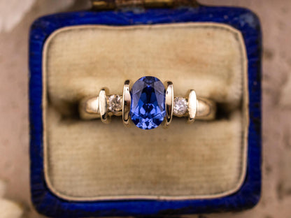 Vintage Sapphire and diamond ring three stone ring 9k solid white gold ring with lab grown ethical sapphire and natural diamonds, size 4.75