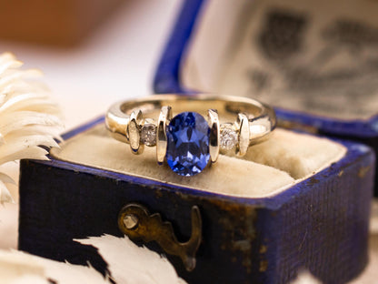 Vintage Sapphire and diamond ring three stone ring 9k solid white gold ring with lab grown ethical sapphire and natural diamonds, size 4.75