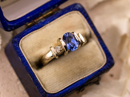 Vintage Sapphire and diamond ring three stone ring 9k solid white gold ring with lab grown ethical sapphire and natural diamonds, size 4.75