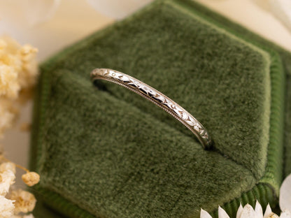 Vintage art deco ring wedding band 18k solid gold wedding band white gold milgrain genuine antique vintage floral design size 10