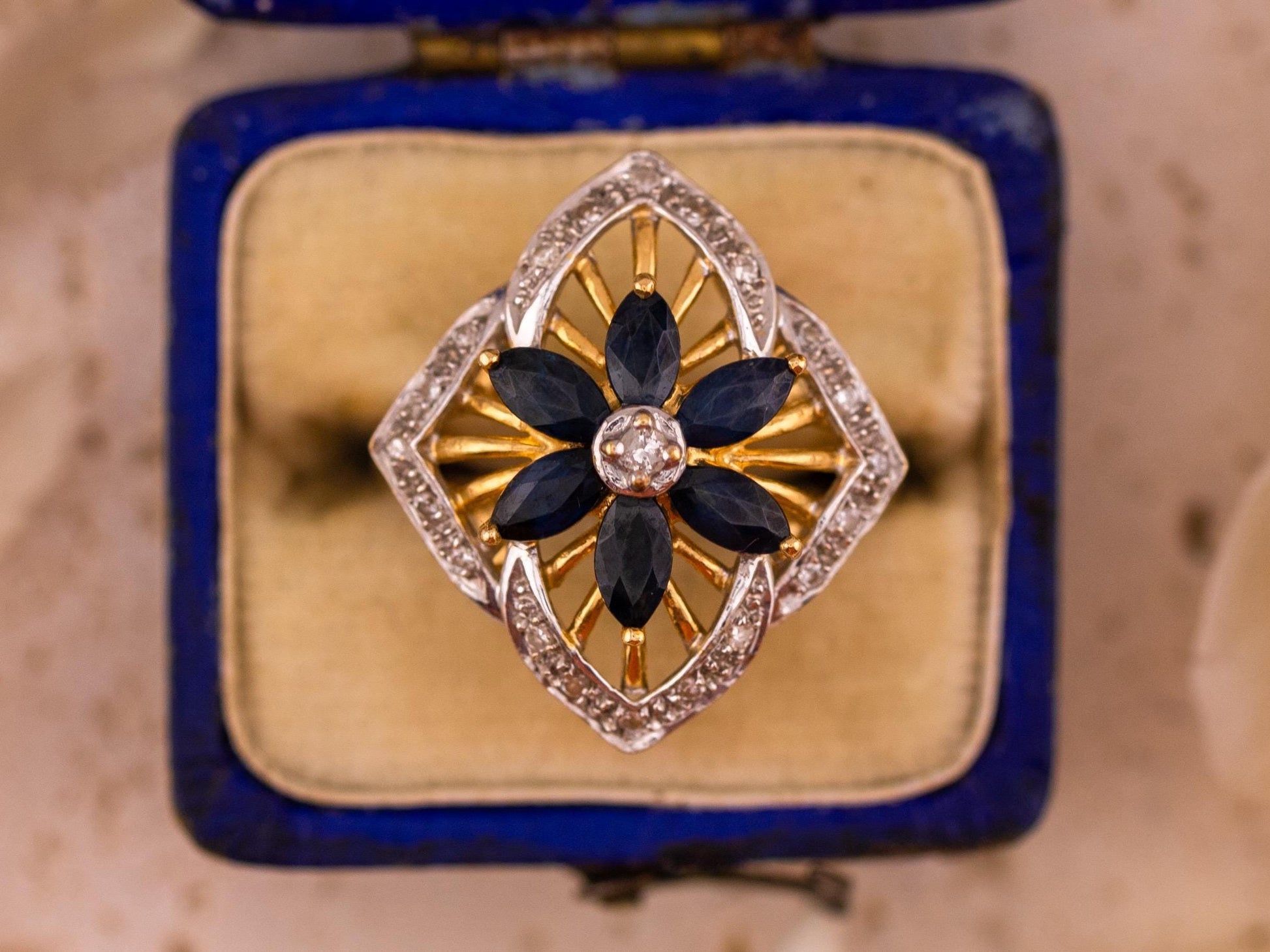 Vintage Sapphire and diamond ring marquise flower sapphire ring 14k solid yellow gold antique ring vintage ring, size 6.25