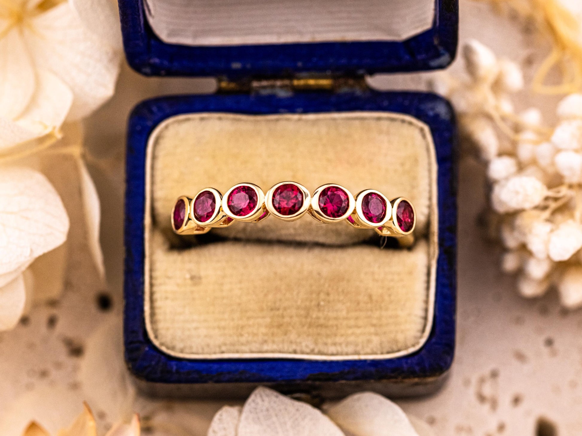 Ruby wedding band lab grown ruby ring bezel set 10k solid yellow gold