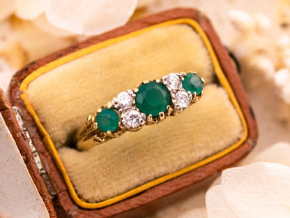 Vintage green agate ring 9k solid yellow gold round cut multi stone statement or engagement ring filigree ring