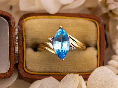 Vintage topaz marquise ring with diamonds 14k solid yellow gold ring blue topaz and diamond bypass ring, Size 5.75