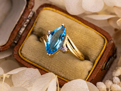 Vintage topaz marquise ring with diamonds 14k solid yellow gold ring blue topaz and diamond bypass ring, Size 5.75