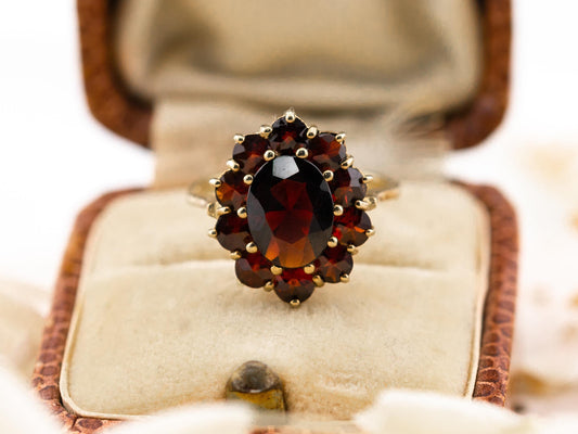 Vintage Garnet Ring halo Ring 8k solid yellow gold ring January Birthstone ring oval garnet, size 5.5