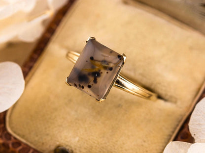 Vintage moss agate ring Edwardian solid yellow gold solitaire size 9