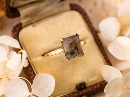 Vintage moss agate ring Edwardian solid yellow gold solitaire size 9