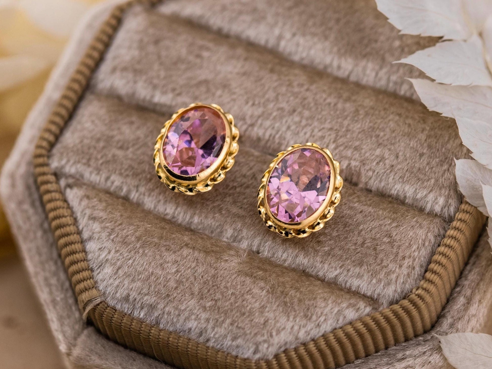 Vintage Earrings 14k Yellow Gold Pink Oval Crystal Stud Earrings Bezel Set