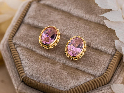 Vintage Earrings 14k Yellow Gold Pink Oval Crystal Stud Earrings Bezel Set