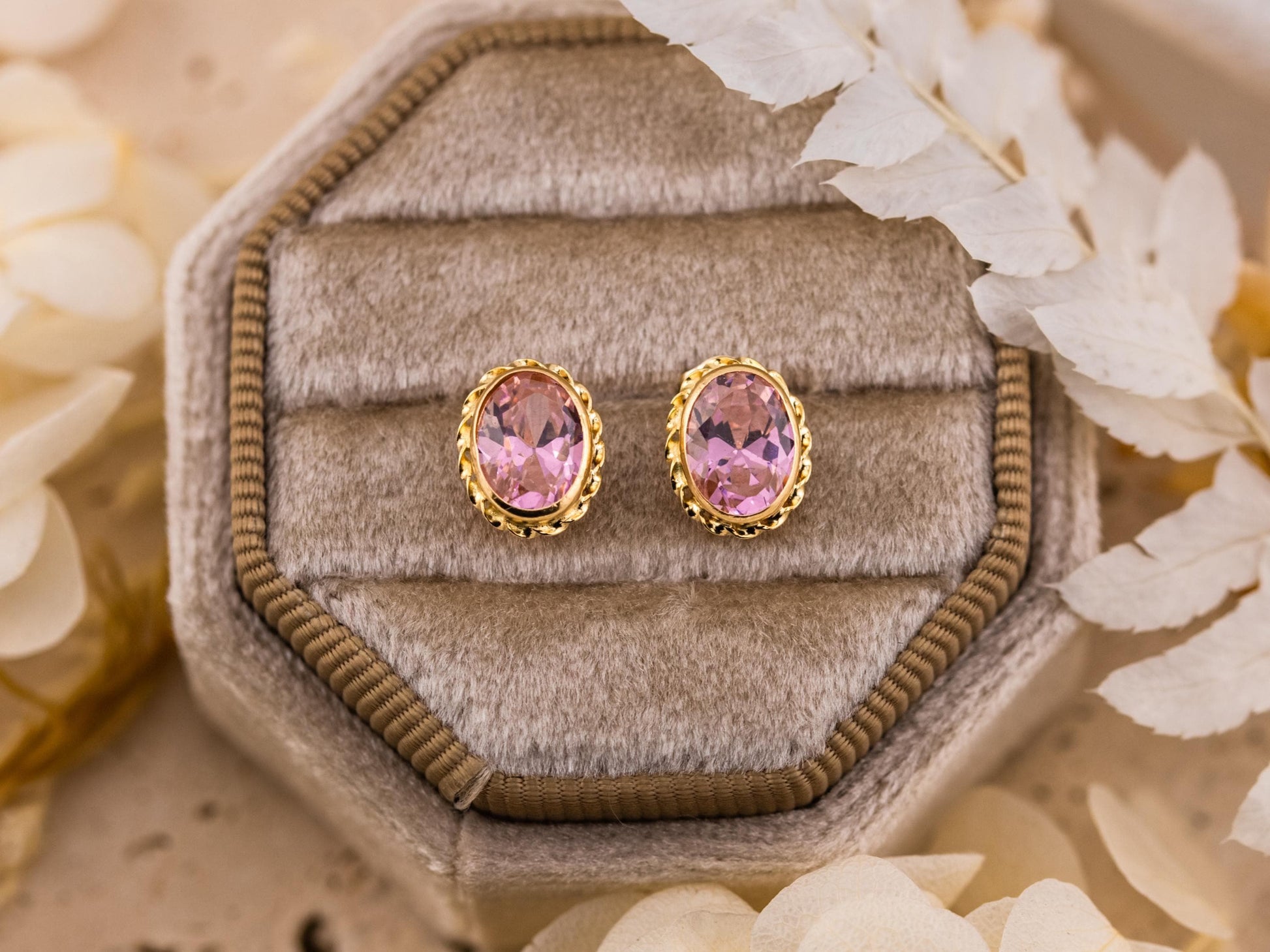 Vintage Earrings 14k Yellow Gold Pink Oval Crystal Stud Earrings Bezel Set