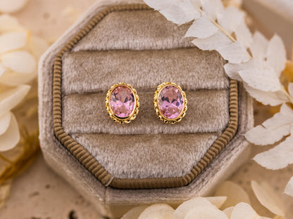 Vintage Earrings 14k Yellow Gold Pink Oval Crystal Stud Earrings Bezel Set