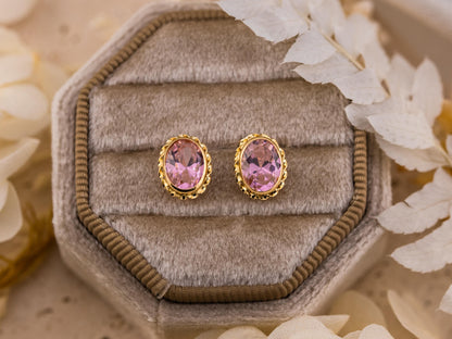 Vintage Earrings 14k Yellow Gold Pink Oval Crystal Stud Earrings Bezel Set