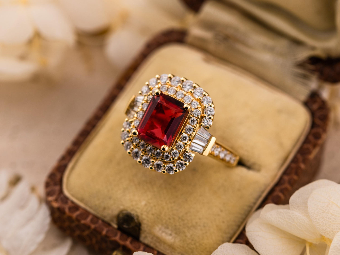 Ruby and Diamond Ring Emerald cut Lab grown Ruby double halo ring yellow gold, size 7