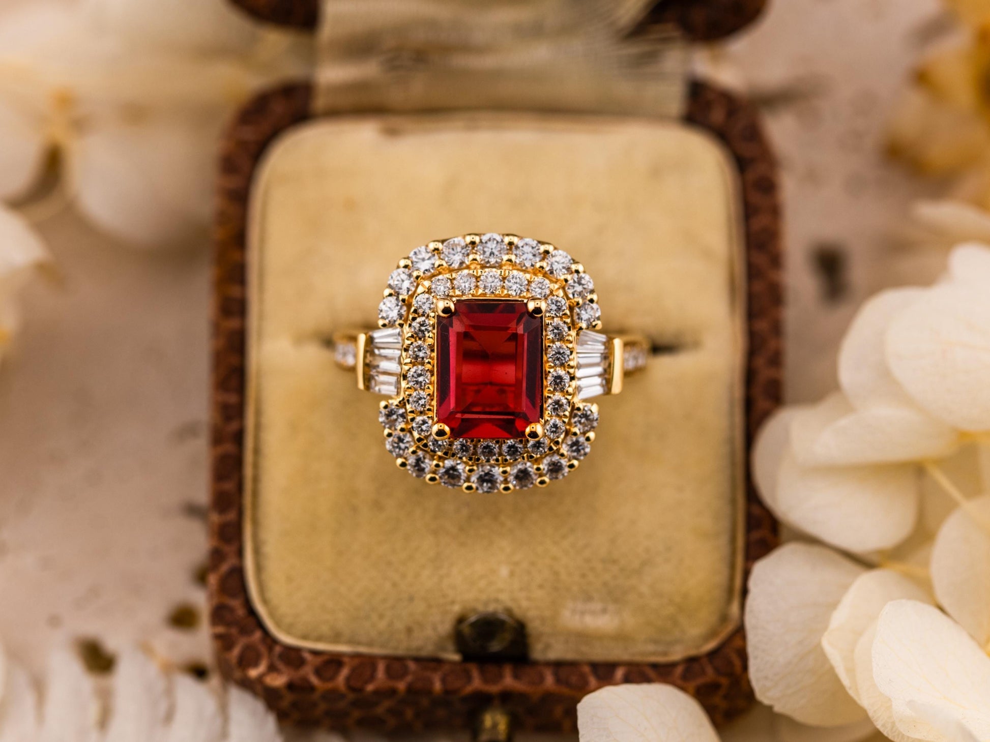 Ruby and Diamond Ring Emerald cut Lab grown Ruby double halo ring yellow gold, size 7