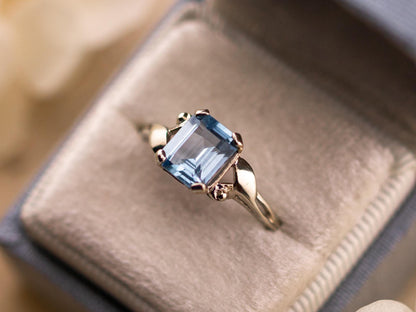 Vintage topaz ring emerald cut blue topaz 10k solid white gold ring bypass ring