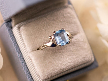 Vintage topaz ring emerald cut blue topaz 10k solid white gold ring bypass ring