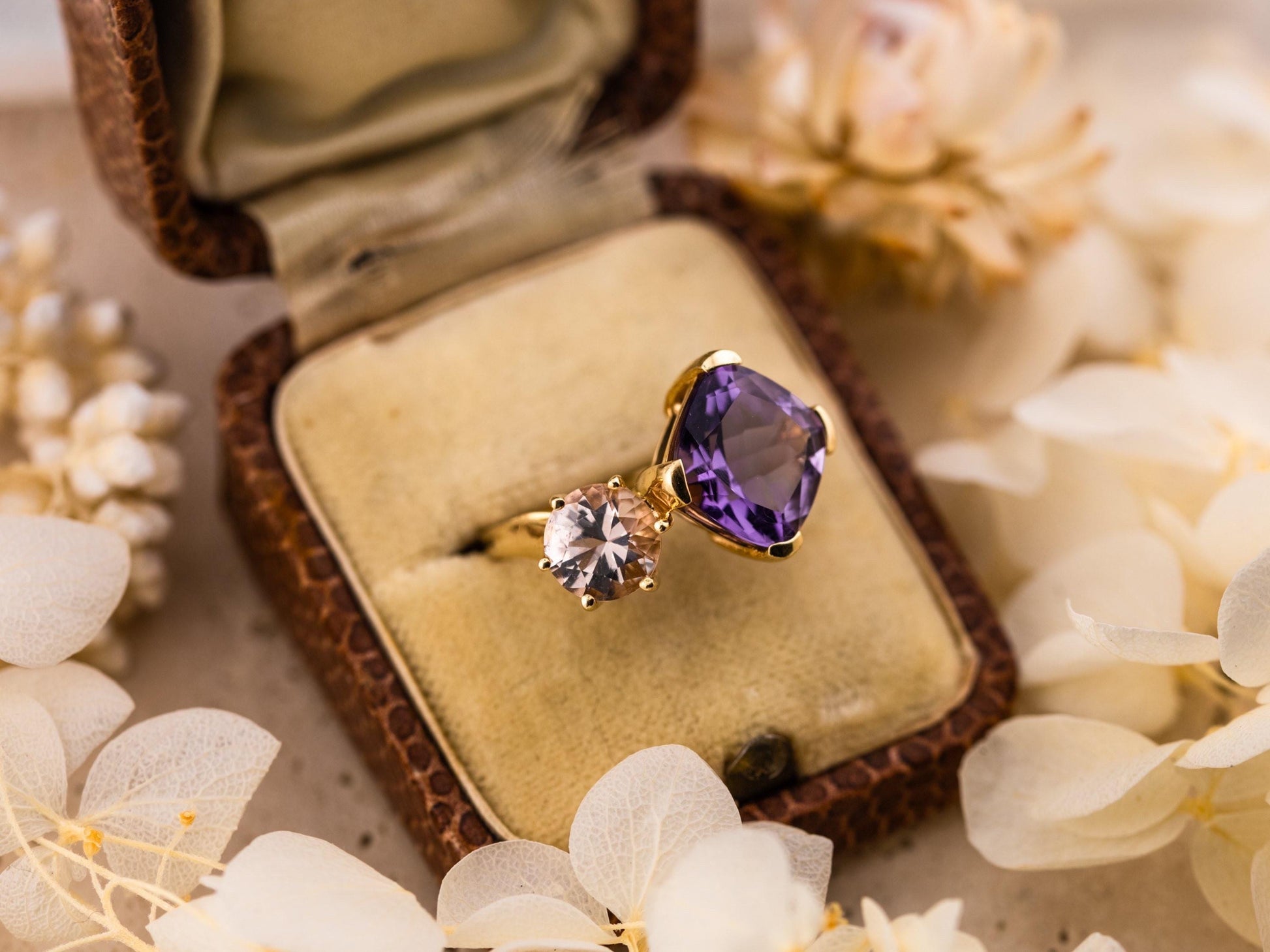 Vintage Toi Et Moi Ring Amethyst And Morganite 14k Solid Gold Antique Ring