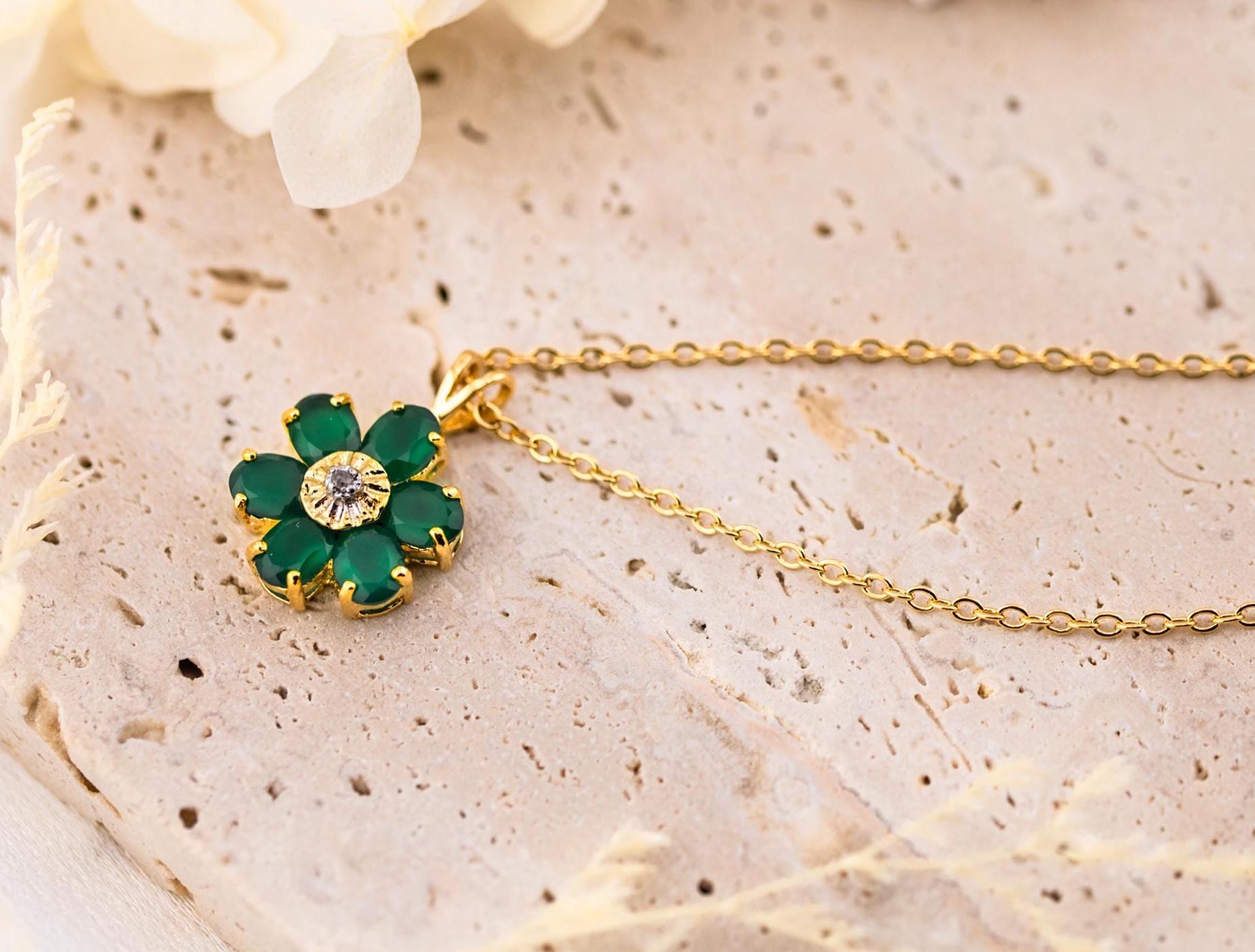 Flower necklace pendant 18k plated gold necklace nature inspired necklace floral necklace green agate and diamond necklace 18 inch chain