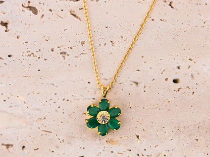Flower necklace pendant 18k plated gold necklace nature inspired necklace floral necklace green agate and diamond necklace 18 inch chain