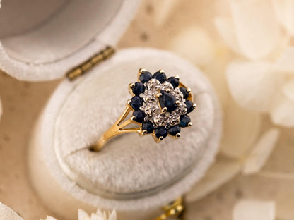 Vintage sapphire and diamond ring 14k solid gold statement or engagement ring floral inspired genuine antique ring vintage ring