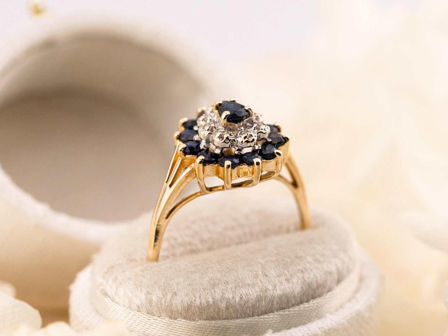 Vintage sapphire and diamond ring 14k solid gold statement or engagement ring floral inspired genuine antique ring vintage ring
